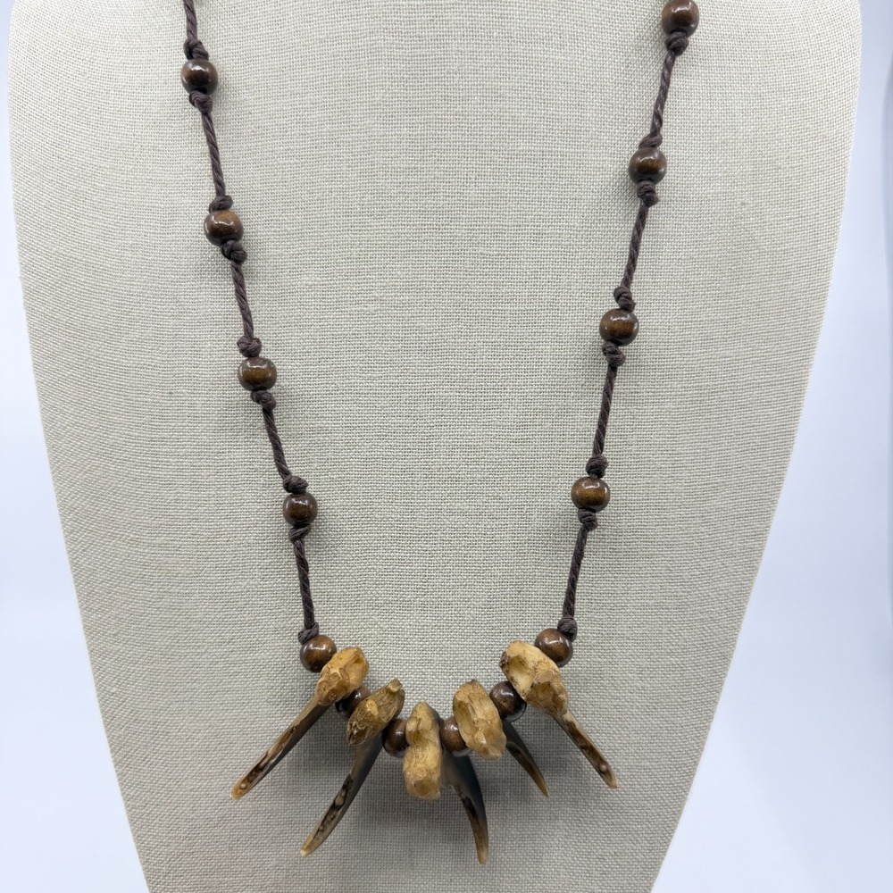 Animal Claw Look Bone Pendant Wood Bead Brown Cord Necklace Tribal Gothic Boho - Picture 8 of 12